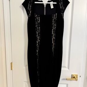 Cache Black Midi Dress with Lace Accents